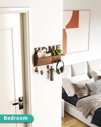 HapiRm Schlüsselhalter mit HOME Dekoration, Schlüsselbrett Holz mit 7 Schlüsselhaken, Schlüsselbrett mit Ablage Geeignet für Eingangsbereich, Haustür, Flur, Schlafzimmer, Büro, Braun