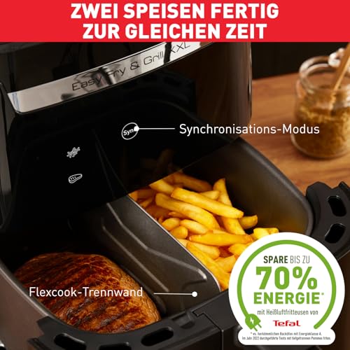 Tefal Easy Fry & Grill XXL Heißluftfritteuse 6,5 L – Airfryer mit Flexcook-Trennwand (XXL oder geteilt), 8 Programme, 80–220 °C, Druckguss-Grillplatte, fettarm frittieren, spülmaschinenfest EY8018