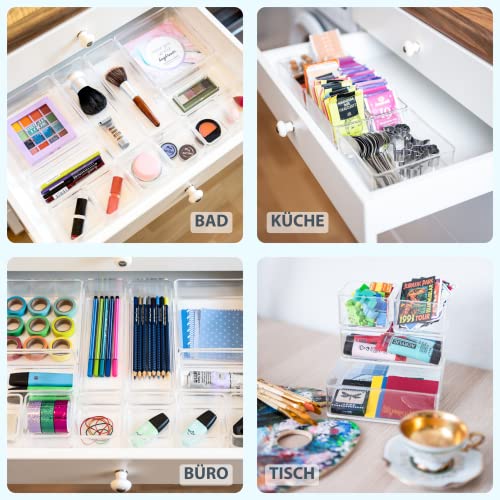 12 teilig transparent Schubladen Organizer inkl. Antirutsch-Pads in 4 versch. Größen | Schubladen Ordnungssystem für Büro Bad Küche | Make Up Organizer für Schminktisch