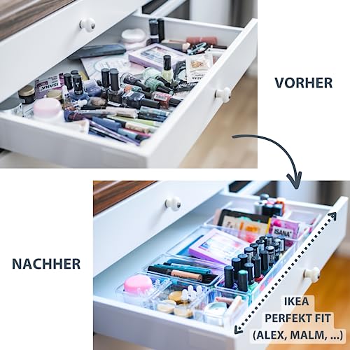 12 teilig transparent Schubladen Organizer inkl. Antirutsch-Pads in 4 versch. Größen | Schubladen Ordnungssystem für Büro Bad Küche | Make Up Organizer für Schminktisch