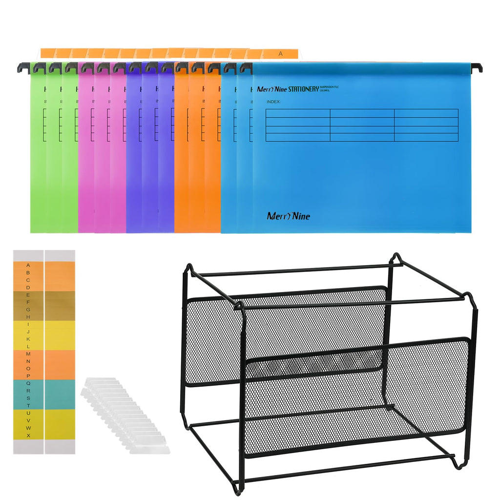 MerryNine Hängemappen und Rahmen, A4-Hängemappen, 15 Stück, 5 Farben, mit Registern und Karton, schwarzes Metallgeflecht, A4-Hängemappe, Schreibtisch-Hängemappe, Ordner, Organizer