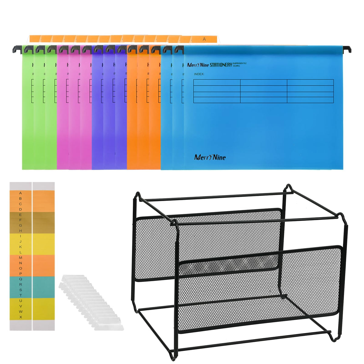 MerryNine Hängemappen und Rahmen, A4-Hängemappen, 15 Stück, 5 Farben, mit Registern und Karton, schwarzes Metallgeflecht, A4-Hängemappe, Schreibtisch-Hängemappe, Ordner, Organizer