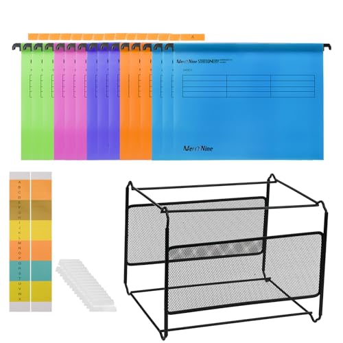 MerryNine Hängemappen und Rahmen, A4-Hängemappen, 15 Stück, 5 Farben, mit Registern und Karton, schwarzes Metallgeflecht, A4-Hängemappe, Schreibtisch-Hängemappe, Ordner, Organizer