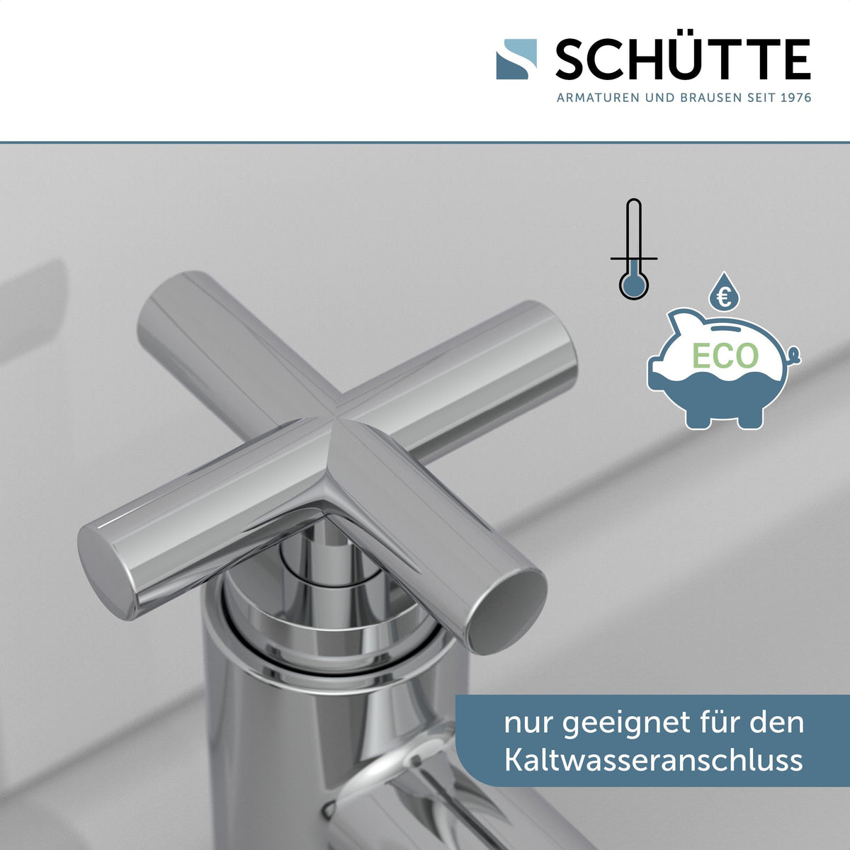 Schütte Kaltwasserhahn MATAO, Kaltwasser Armatur für das Bad, Wasserhahn Bad nur für Kaltwasser, Standventil mit schickem Kreuzgriff, 37956