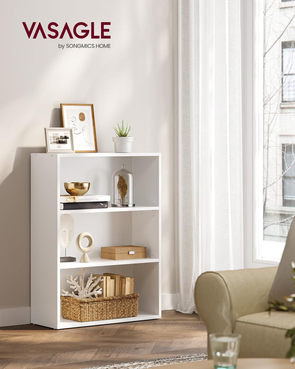 VASAGLE Custos Kollektion - Bücherregal 3 Ebenen, Standregal, Aufbewahrungsregal, verstellbare Einlegeböden, für Wohnzimmer, Homeoffice, Schlafzimmer, wolkenweiß LBC163T14