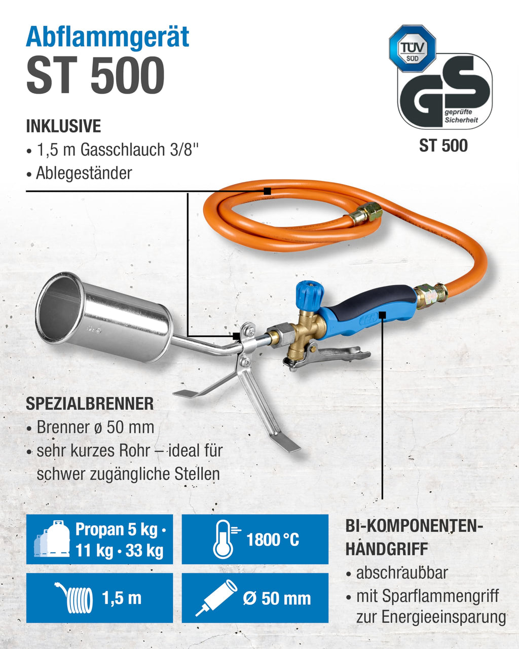 CFH Abflammgerät ST 500 – kompaktes Abflammgerät mit kurzem Rohr, inkl. 1,5 m Gasschlauch, Gasbrenner zum Grillanzünden und für Bitumenarbeiten, 1.800 °C Flammentemperatur, TÜV SÜD GS