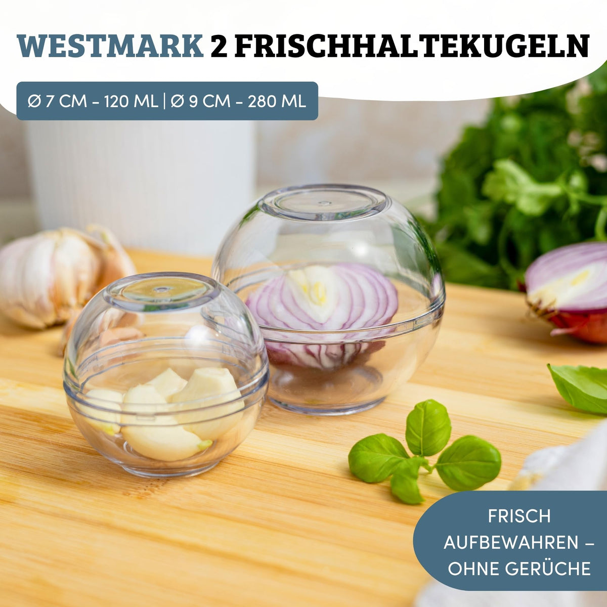Westmark 2 Frischhaltekugeln, stapelbar, Größen: ø 7cm + ø 9cm, Set 2-tlg., Kunststoff, BPA-frei, Klar, 25722260