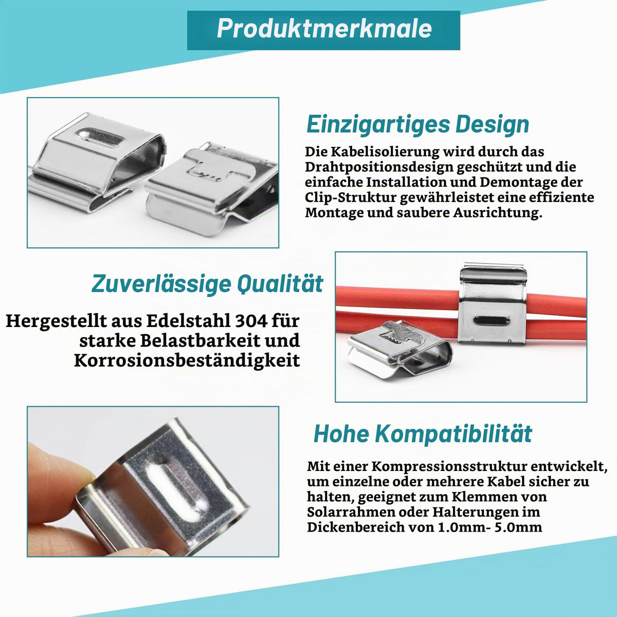 150 Solarpanel-Kabelclips aus Edelstahl 304, 20,8 x 18,2 mm