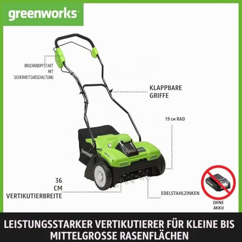 Greenworks 40V Akku Rasenlüfter , 3600 U/min, 36 cm Arbeitsbreite, 30 L Auffangbehälter OHNE Akku & Ladegerät, 3 Jahre Garantie G40DT35