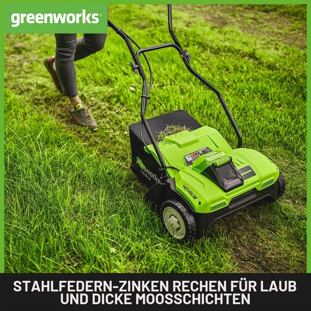 Greenworks 40V Akku Rasenlüfter , 3600 U/min, 36 cm Arbeitsbreite, 30 L Auffangbehälter OHNE Akku & Ladegerät, 3 Jahre Garantie G40DT35