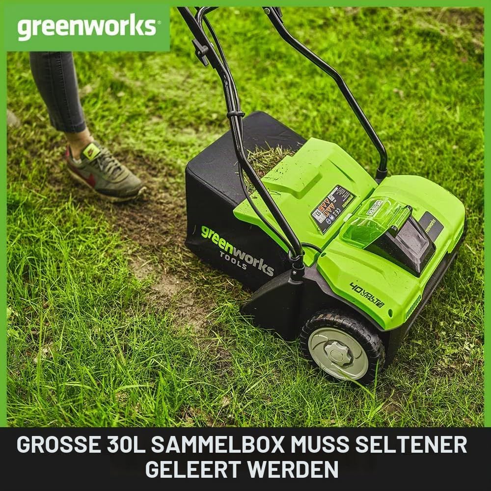 Greenworks 40V Akku Rasenlüfter , 3600 U/min, 36 cm Arbeitsbreite, 30 L Auffangbehälter OHNE Akku & Ladegerät, 3 Jahre Garantie G40DT35