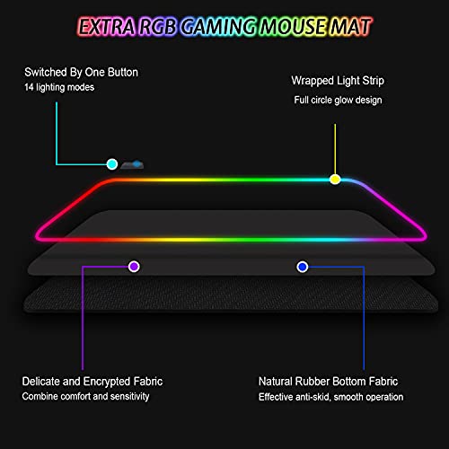 Gaming Mauspad RGB Mousepad 800x300mm XXL Gaming Mousepad groß mit 14 Beleuchtungs Modi 7 LED Farben Wasserdicht Anti Rutsch für Computer PC Professionelle Gamer, Schwarz