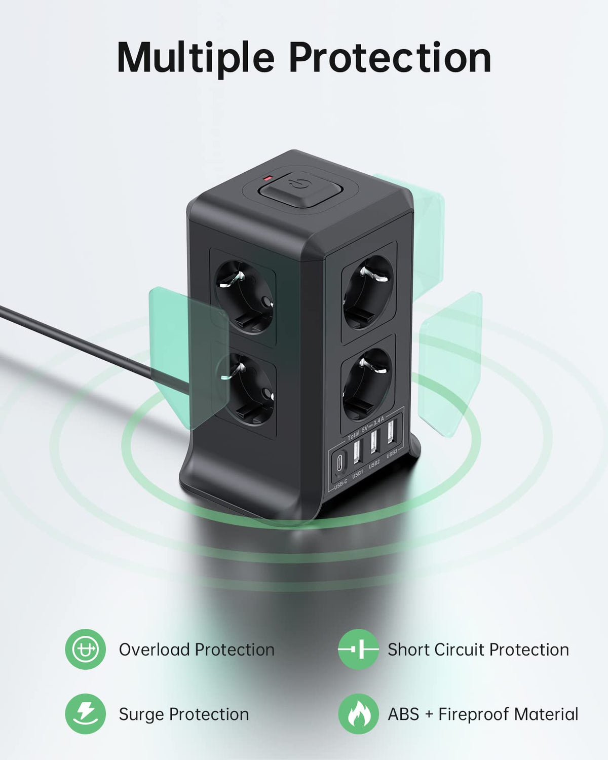 8 Fach Steckdosenleiste 2 M mit Mehrfachsteckdose, 4 USB Mehrfachstecker
