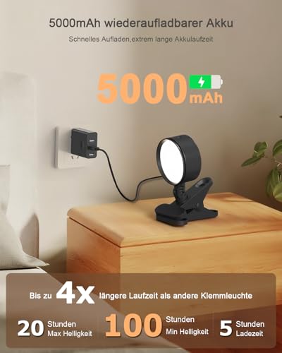 GOVSSING Leselampe Bett Akku Kabellos mit 5000mAh, Klemmleuchte Bett