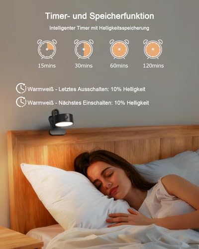 GOVSSING Leselampe Bett Akku Kabellos mit 5000mAh, Klemmleuchte Bett