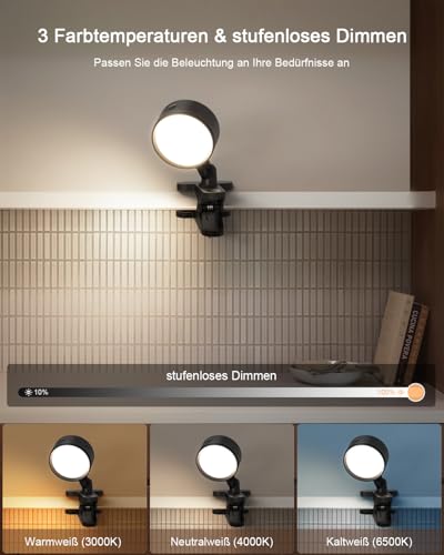 GOVSSING Leselampe Bett Akku Kabellos mit 5000mAh, Klemmleuchte Bett