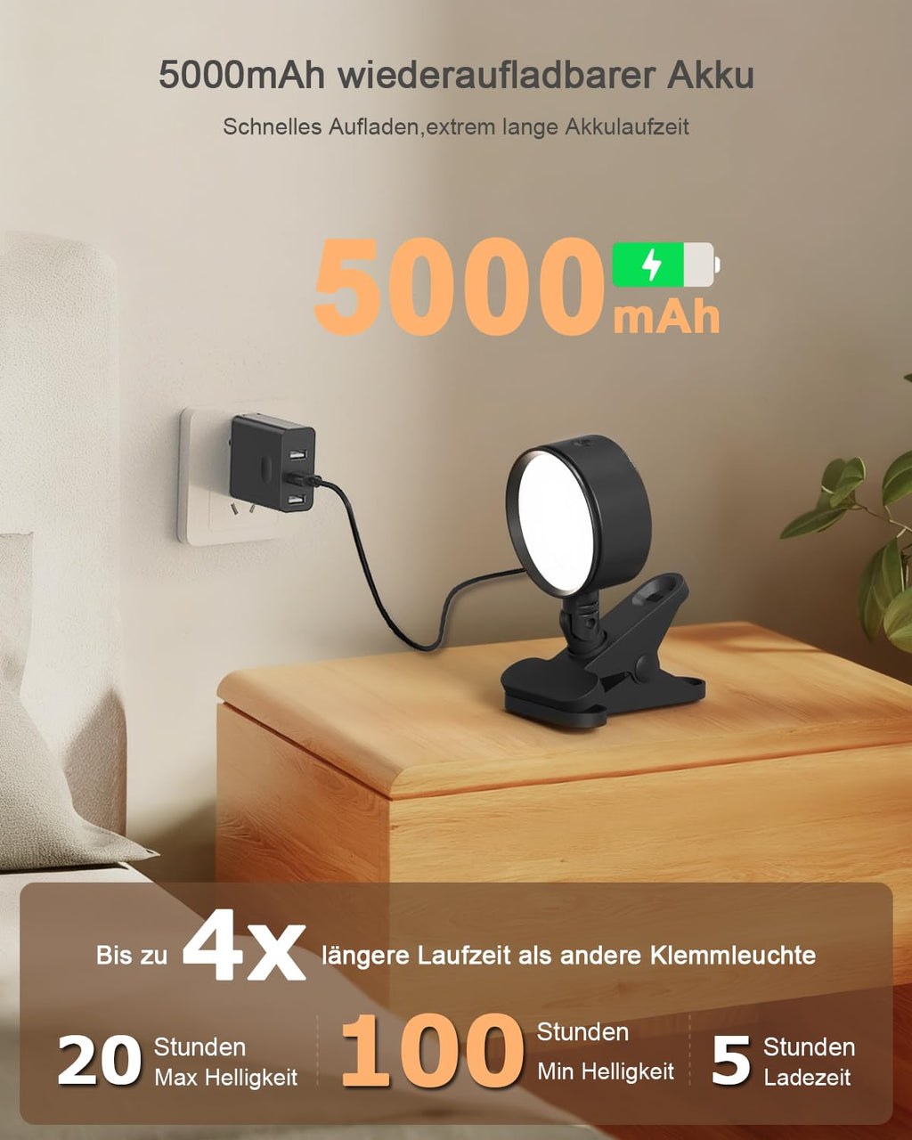 GOVSSING Leselampe Bett Akku Kabellos mit 5000mAh, Klemmleuchte Bett