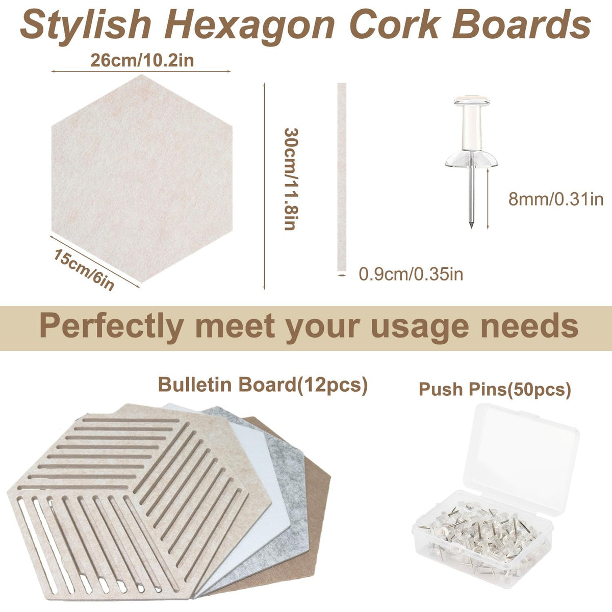 Acidea 12 Stück Filz Pinnwand Sechseckig, Selbstklebende DIY Pinnwand Kork mit 50 Stück Durchsichtig Pushpins, Hexagon-Memoboard für Büro, Home, Schlafzimmer, Wanddekoration