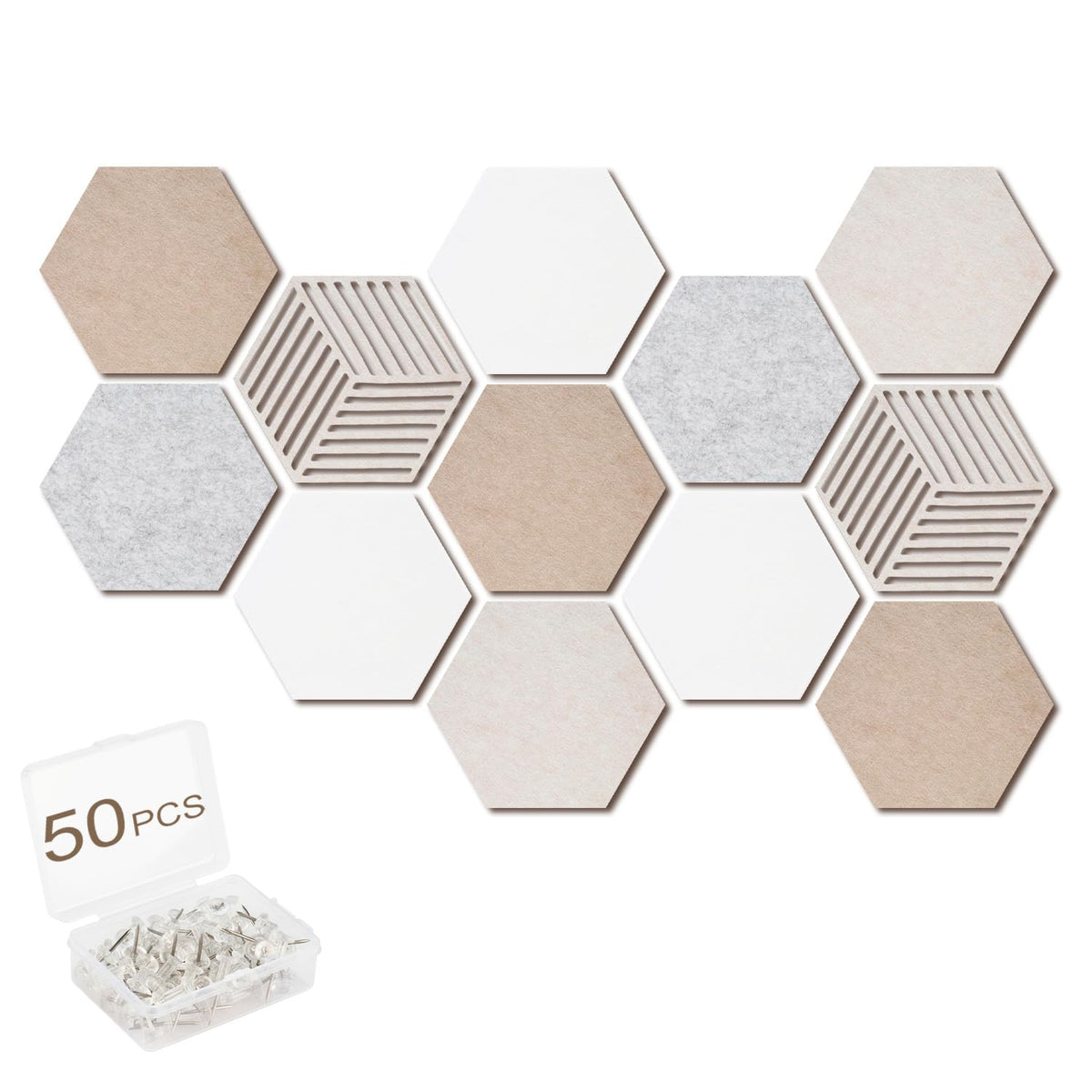 Acidea 12 Stück Filz Pinnwand Sechseckig, Selbstklebende DIY Pinnwand Kork mit 50 Stück Durchsichtig Pushpins, Hexagon-Memoboard für Büro, Home, Schlafzimmer, Wanddekoration