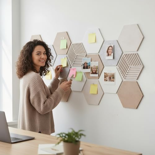 Acidea 12 Stück Filz Pinnwand Sechseckig, Selbstklebende DIY Pinnwand Kork mit 50 Stück Durchsichtig Pushpins, Hexagon-Memoboard für Büro, Home, Schlafzimmer, Wanddekoration