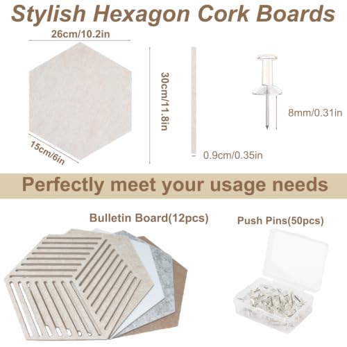 Acidea 12 Stück Filz Pinnwand Sechseckig, Selbstklebende DIY Pinnwand Kork mit 50 Stück Durchsichtig Pushpins, Hexagon-Memoboard für Büro, Home, Schlafzimmer, Wanddekoration