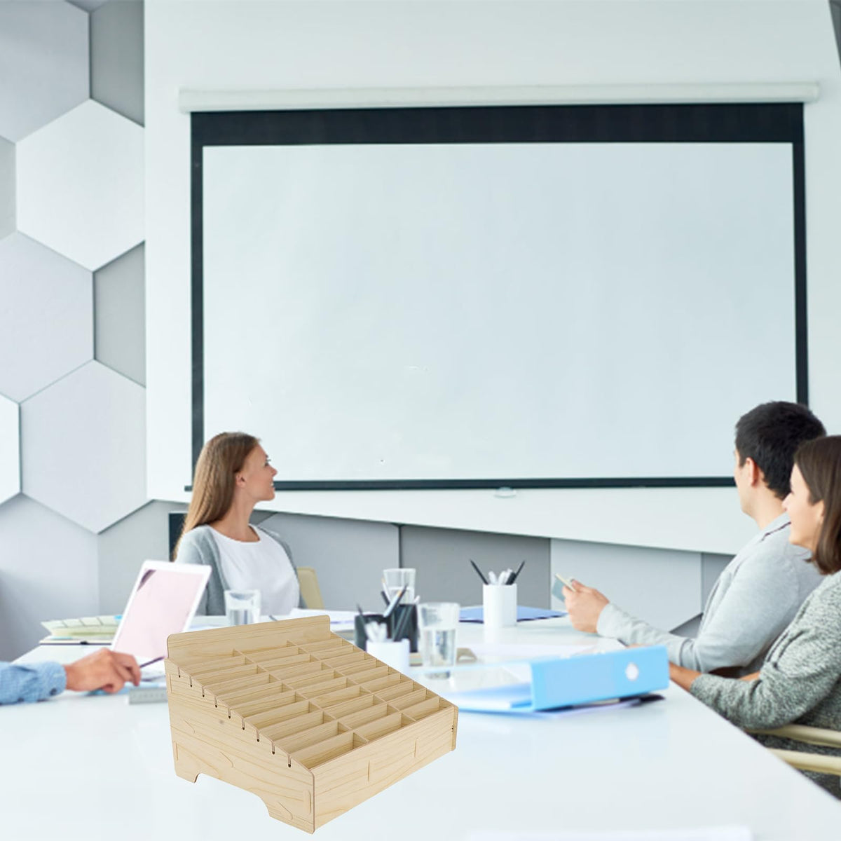 30 Gitter Handygarage Schule, Handy Hotel Aufbewahrungsbox Holz, Multi-Grid-Aufbewahrungsbox FüR Mobiltelefone, Klassenzimmer, BüRo, Schule (Wood color, 30 Grid)