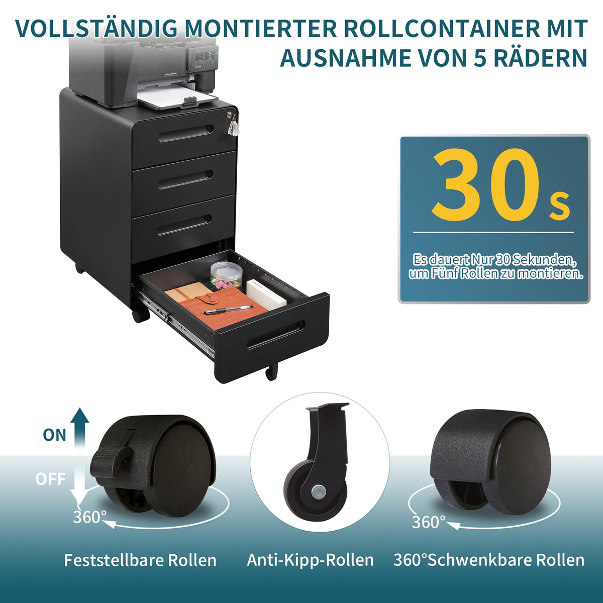 Rollcontainer mit 4 Schubladen, Aktenschrank, Abgerundetes Eckendesign, Abschließbar, 4 Schlüsseln, Schubladenschrank für Büro und Home Office, Schwarz