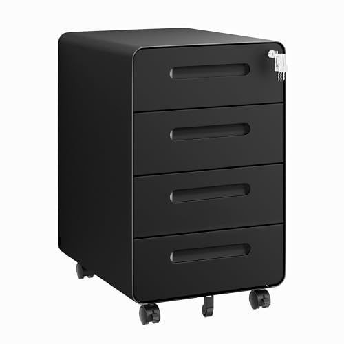 Rollcontainer mit 4 Schubladen, Aktenschrank, Abgerundetes Eckendesign, Abschließbar, 4 Schlüsseln, Schubladenschrank für Büro und Home Office, Schwarz