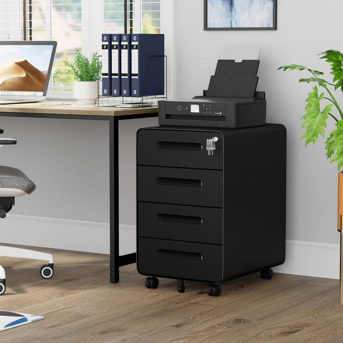 Rollcontainer mit 4 Schubladen, Aktenschrank, Abgerundetes Eckendesign, Abschließbar, 4 Schlüsseln, Schubladenschrank für Büro und Home Office, Schwarz