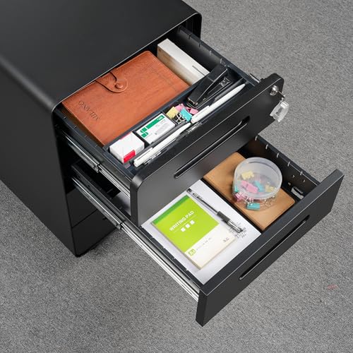 Rollcontainer mit 4 Schubladen, Aktenschrank, Abgerundetes Eckendesign, Abschließbar, 4 Schlüsseln, Schubladenschrank für Büro und Home Office, Schwarz