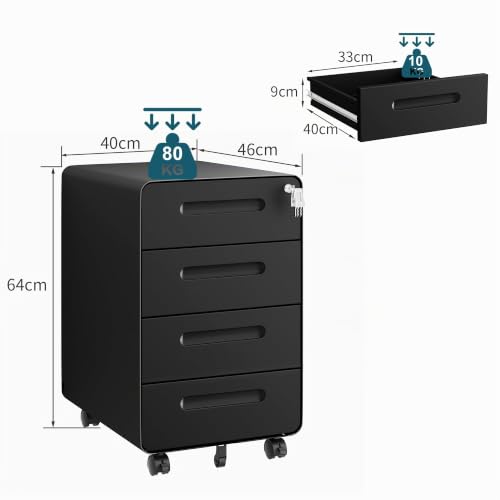 Rollcontainer mit 4 Schubladen, Aktenschrank, Abgerundetes Eckendesign, Abschließbar, 4 Schlüsseln, Schubladenschrank für Büro und Home Office, Schwarz