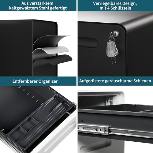 Rollcontainer mit 4 Schubladen, Aktenschrank, Abgerundetes Eckendesign, Abschließbar, 4 Schlüsseln, Schubladenschrank für Büro und Home Office, Schwarz