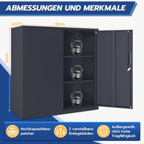 YOUDENOVA Aktenschrank, 90 x 90 x 40 Metallschrank abschließbar mit 2 Türen, Mehrzweckschrank mit 3 Ebenen, verstellbare Ablagen, Werkzeugschrank für Büros, Ateliers und Garagen, Anthrazit