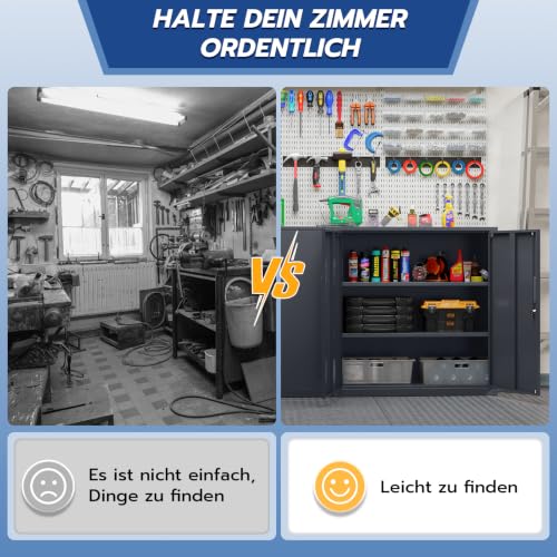 YOUDENOVA Aktenschrank, 90 x 90 x 40 Metallschrank abschließbar mit 2 Türen, Mehrzweckschrank mit 3 Ebenen, verstellbare Ablagen, Werkzeugschrank für Büros, Ateliers und Garagen, Anthrazit