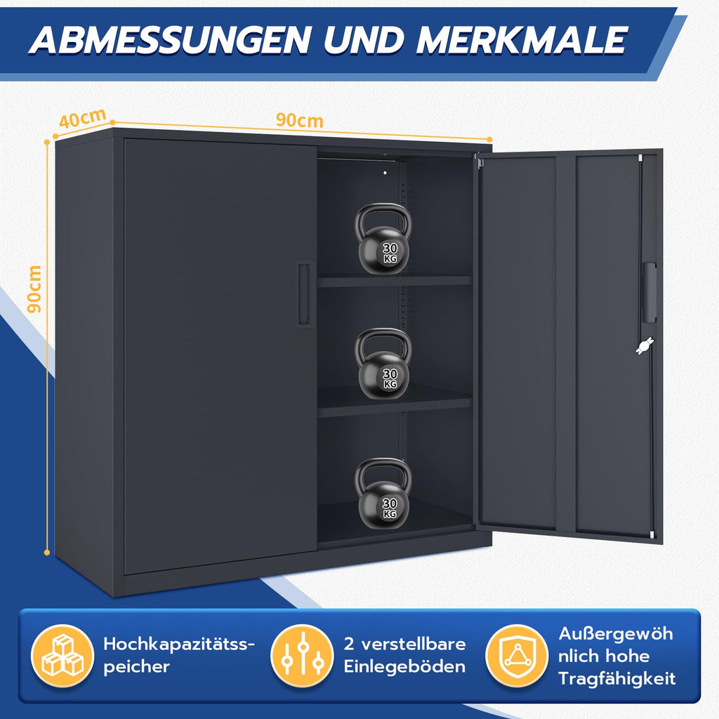 YOUDENOVA Aktenschrank, 90 x 90 x 40 Metallschrank abschließbar mit 2 Türen, Mehrzweckschrank mit 3 Ebenen, verstellbare Ablagen, Werkzeugschrank für Büros, Ateliers und Garagen, Anthrazit