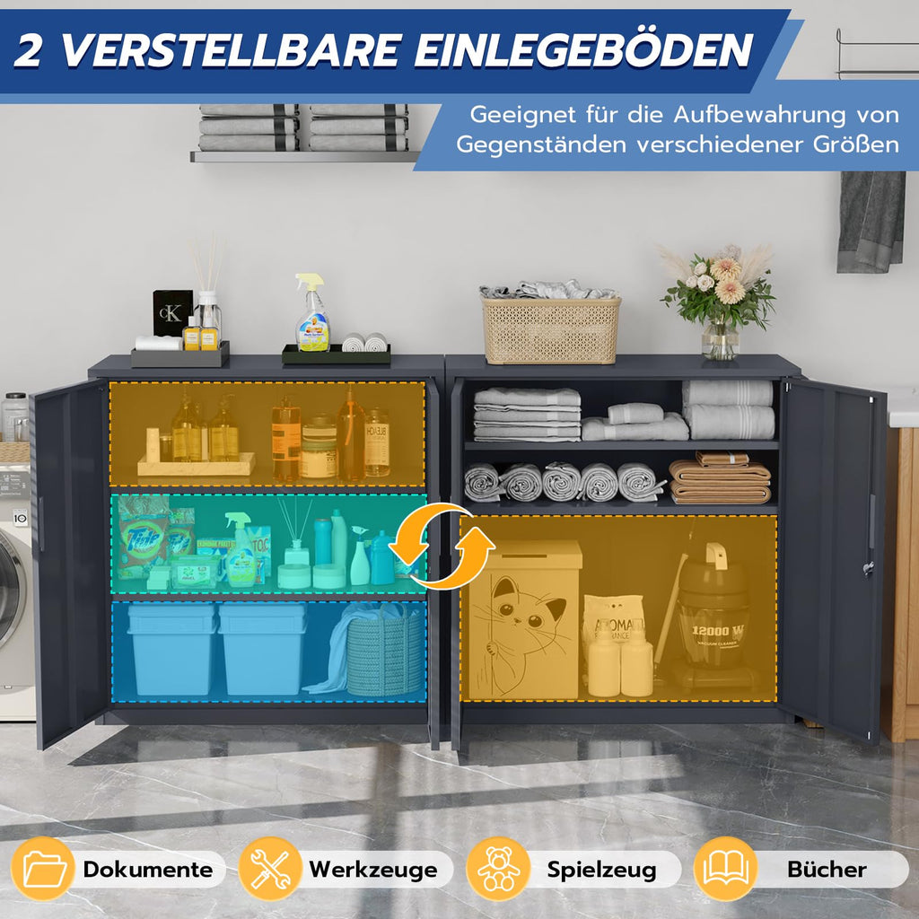YOUDENOVA Aktenschrank, 90 x 90 x 40 Metallschrank abschließbar mit 2 Türen, Mehrzweckschrank mit 3 Ebenen, verstellbare Ablagen, Werkzeugschrank für Büros, Ateliers und Garagen, Anthrazit