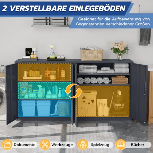 YOUDENOVA Aktenschrank, 90 x 90 x 40 Metallschrank abschließbar mit 2 Türen, Mehrzweckschrank mit 3 Ebenen, verstellbare Ablagen, Werkzeugschrank für Büros, Ateliers und Garagen, Anthrazit