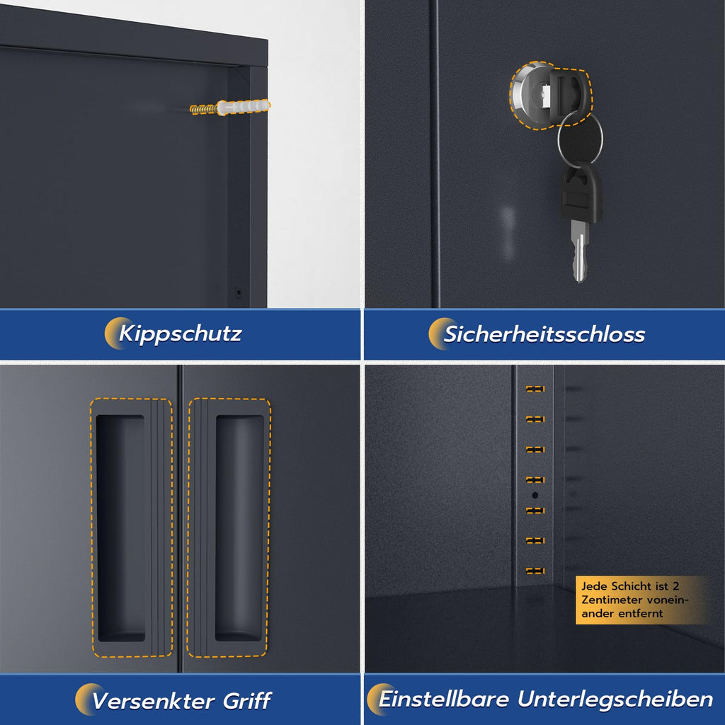 YOUDENOVA Aktenschrank, 90 x 90 x 40 Metallschrank abschließbar mit 2 Türen, Mehrzweckschrank mit 3 Ebenen, verstellbare Ablagen, Werkzeugschrank für Büros, Ateliers und Garagen, Anthrazit