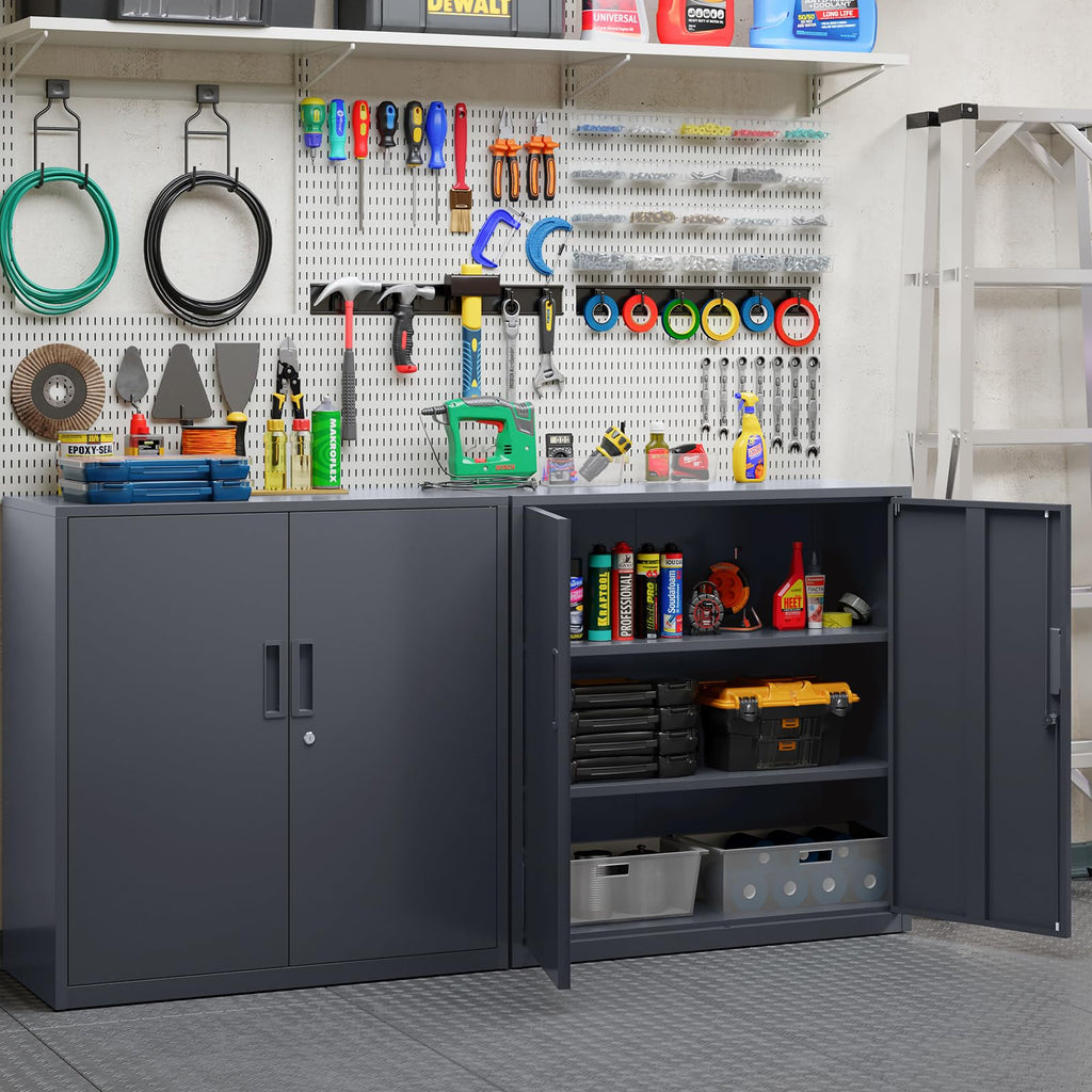 YOUDENOVA Aktenschrank, 90 x 90 x 40 Metallschrank abschließbar mit 2 Türen, Mehrzweckschrank mit 3 Ebenen, verstellbare Ablagen, Werkzeugschrank für Büros, Ateliers und Garagen, Anthrazit
