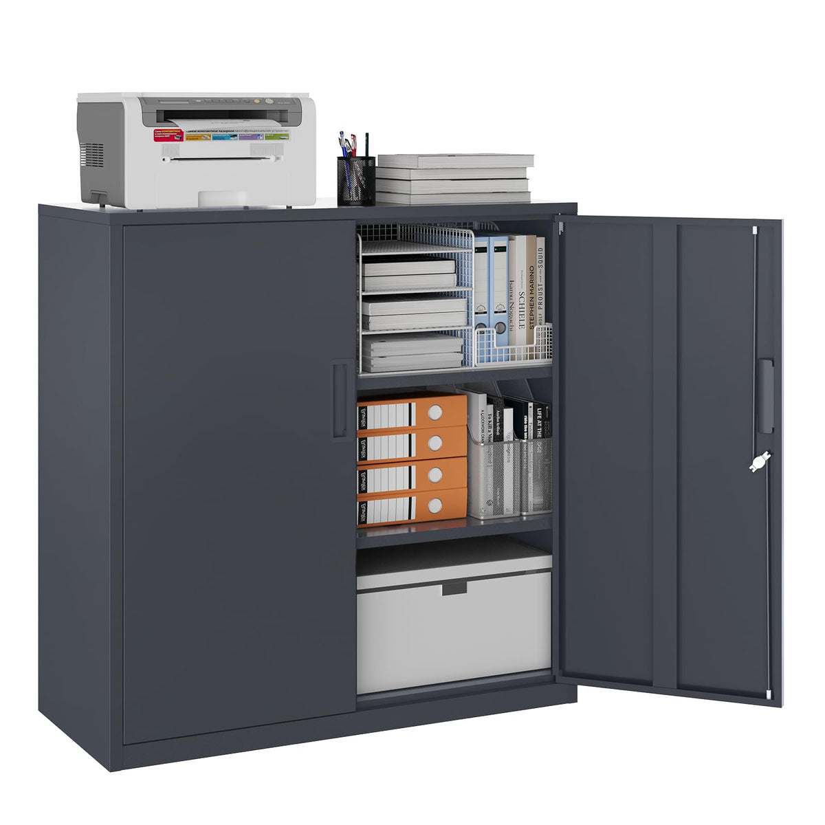 YOUDENOVA Aktenschrank, 90 x 90 x 40 Metallschrank abschließbar mit 2 Türen, Mehrzweckschrank mit 3 Ebenen, verstellbare Ablagen, Werkzeugschrank für Büros, Ateliers und Garagen, Anthrazit