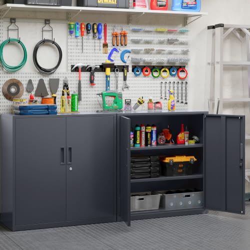 YOUDENOVA Aktenschrank, 90 x 90 x 40 Metallschrank abschließbar mit 2 Türen, Mehrzweckschrank mit 3 Ebenen, verstellbare Ablagen, Werkzeugschrank für Büros, Ateliers und Garagen, Anthrazit