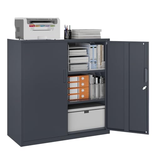 YOUDENOVA Aktenschrank, 90 x 90 x 40 Metallschrank abschließbar mit 2 Türen, Mehrzweckschrank mit 3 Ebenen, verstellbare Ablagen, Werkzeugschrank für Büros, Ateliers und Garagen, Anthrazit