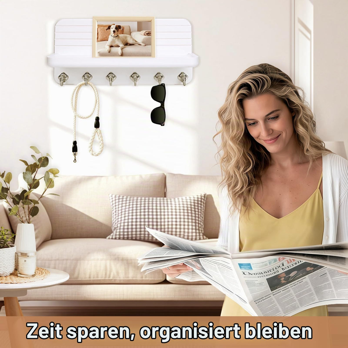 Schlüsselbrett mit Ablage, Schlüsselboard Schlüsselbrett Weiss Holz mit 6 Schlüsselhaken, für Flur, Schlafzimmer, Küche, Hängen Küchenbesteck Weiß