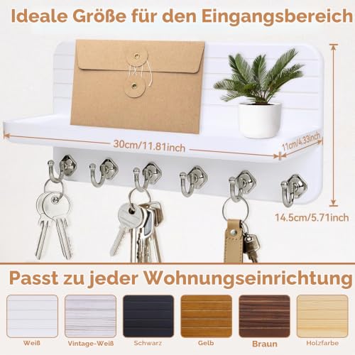 Schlüsselbrett mit Ablage, Schlüsselboard Schlüsselbrett Weiss Holz mit 6 Schlüsselhaken, für Flur, Schlafzimmer, Küche, Hängen Küchenbesteck Weiß