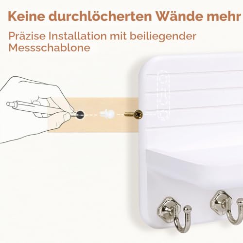Schlüsselbrett mit Ablage, Schlüsselboard Schlüsselbrett Weiss Holz mit 6 Schlüsselhaken, für Flur, Schlafzimmer, Küche, Hängen Küchenbesteck Weiß