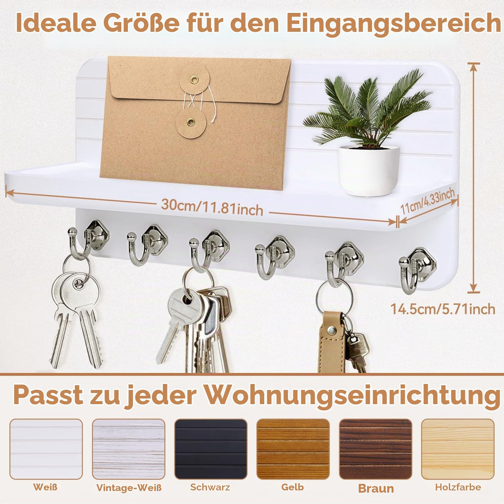 Schlüsselbrett mit Ablage, Schlüsselboard Schlüsselbrett Weiss Holz mit 6 Schlüsselhaken, für Flur, Schlafzimmer, Küche, Hängen Küchenbesteck Weiß