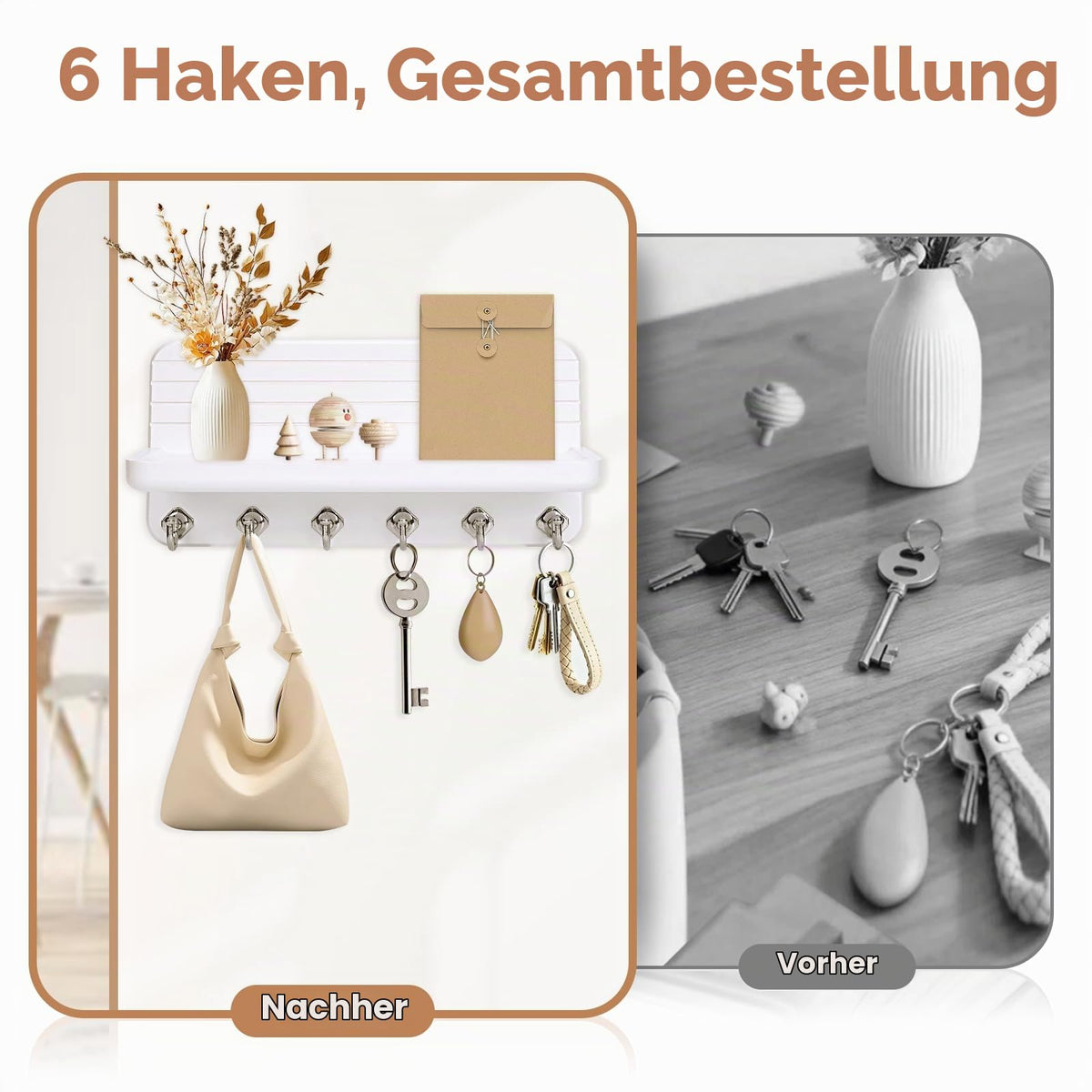 Schlüsselbrett mit Ablage, Schlüsselboard Schlüsselbrett Weiss Holz mit 6 Schlüsselhaken, für Flur, Schlafzimmer, Küche, Hängen Küchenbesteck Weiß