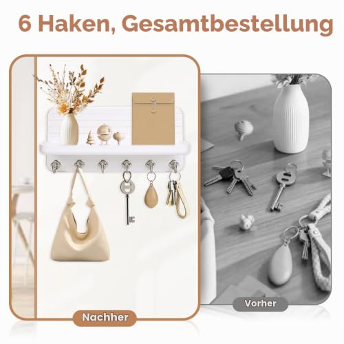 Schlüsselbrett mit Ablage, Schlüsselboard Schlüsselbrett Weiss Holz mit 6 Schlüsselhaken, für Flur, Schlafzimmer, Küche, Hängen Küchenbesteck Weiß