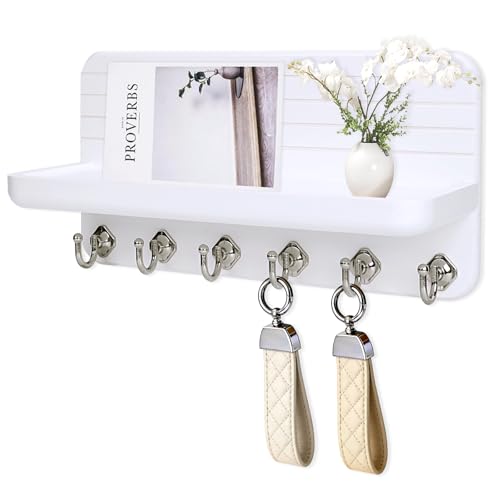 Schlüsselbrett mit Ablage, Schlüsselboard Schlüsselbrett Weiss Holz mit 6 Schlüsselhaken, für Flur, Schlafzimmer, Küche, Hängen Küchenbesteck Weiß