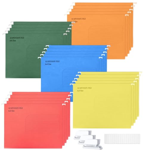 KAHEIGN 25Pcs A4 Hängemappen Aufhängungs Dateiordner, 5 Farben Hängemappen Ordner Dateiordner für Schulbüro Schreibwaren A4 Aktenschränke